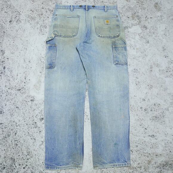 THRASHED Vintage Carhartt B07 DNM Faded Blue Jeans Denim Double Knee Pant 34x31 - Picture 2 of 16